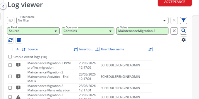 Screen capture of the log viewer post migration