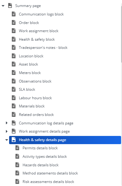 Screen capture of Health and safety details pages and blocks for configuration