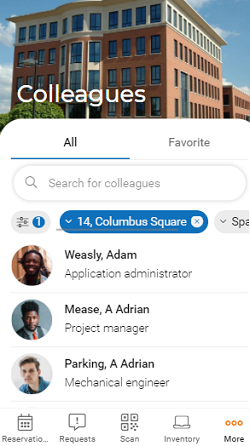 screen of workplace engagement app displaying Colleagues module with configured filters