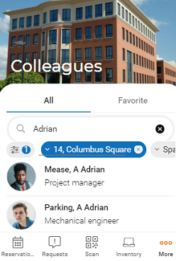 screen of workplace engagement app displaying colleagues by applying search criteria in the colleagues module