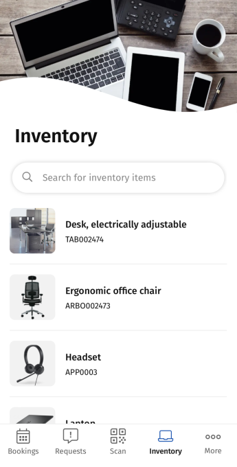 screen of workplace engagement app displaying Inventory module homepage with configured filters