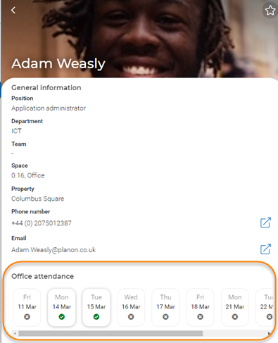 Screen capture of Office attendance block on app with check marked dates