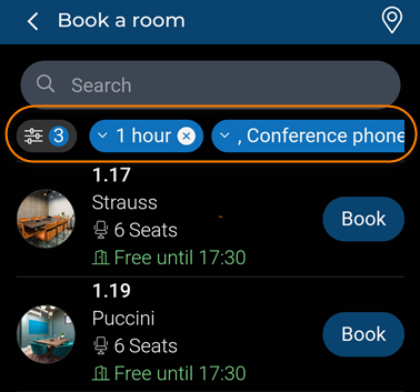 Screen capture of workplace engagement app displaying quick filters for the Reservations module