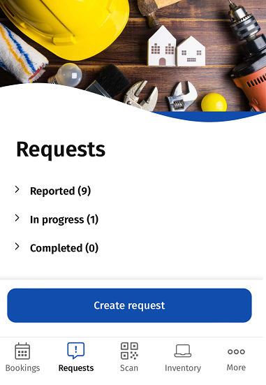 Screen capture of Requests module displaying the request statuses Reported, In progress and Completed