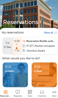 screen of Workplace engagement app displaying Reservation module start page