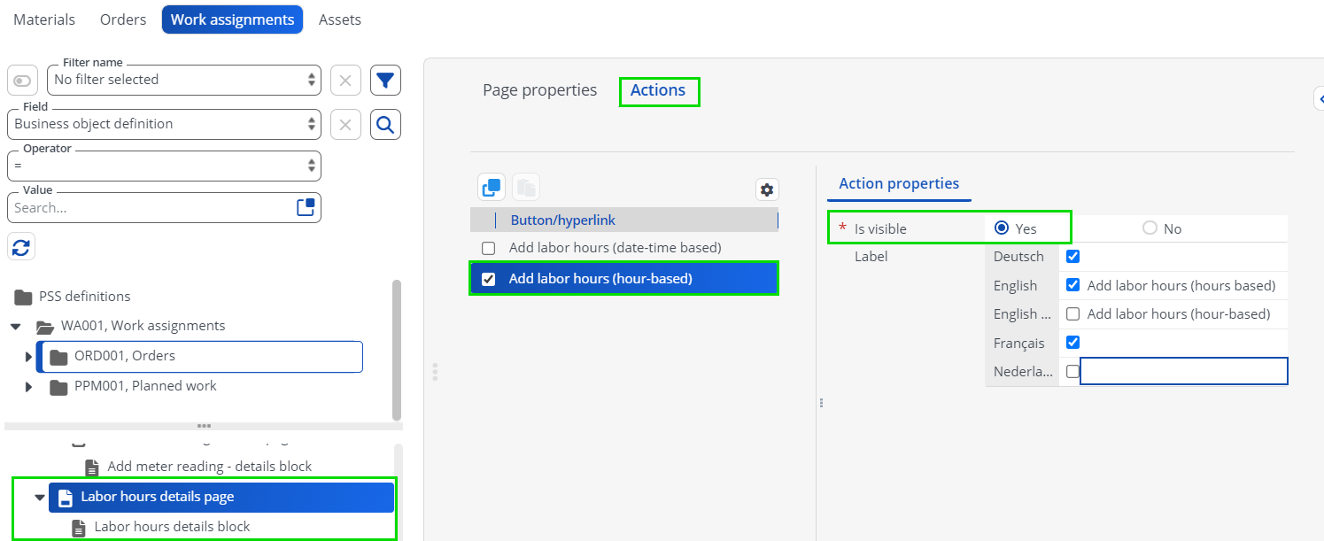 Screen capture showing the configuration of the hour-based setting for labor hour registration