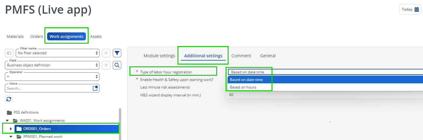 Screen capture of Additional tab where Labor hour registration settings are made