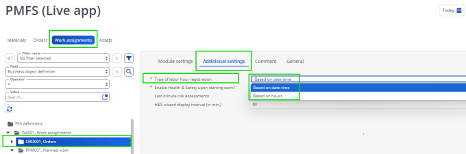 Screen capture of Additional settings tab where Labor hour registration settings are made