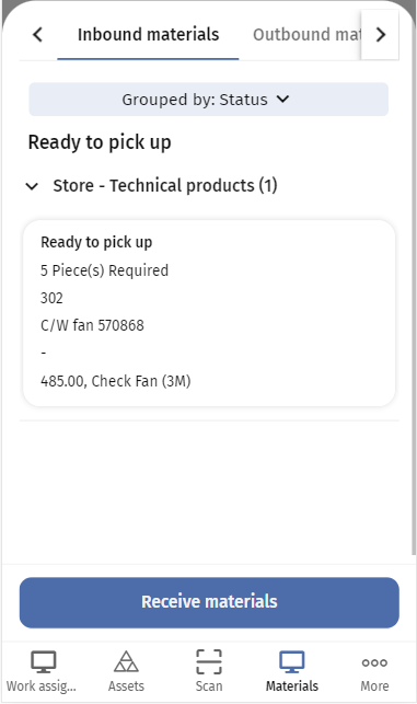 Screen capture of Inbound tab in Materials module