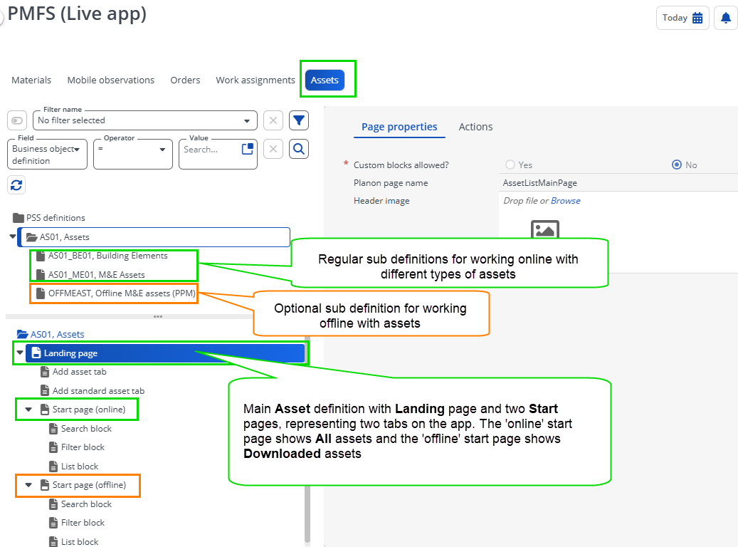 screen of Live app-App configuration displaying Assets module web definition