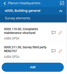 screen capture displaying survey element page including Add button