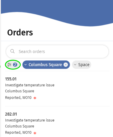 Screen capture of search bar with quick filters in the Orders app
