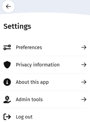 Screen capture of the Settings menu in the Planon app
