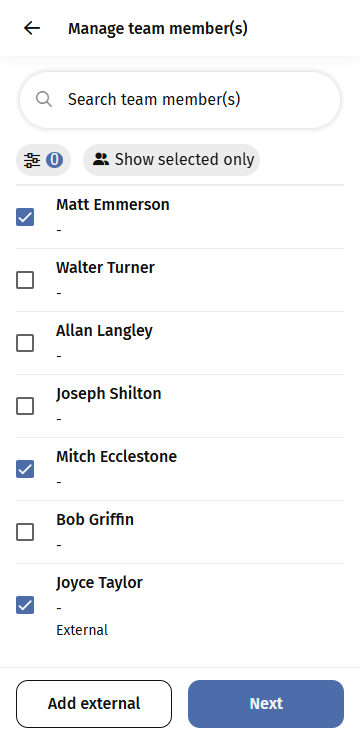 Screen capture of the Manage team member(s) page