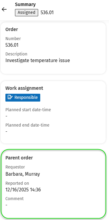 Screen capture of job list with Parent order block
