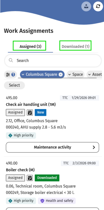 Screen capture of Work assignments start page with 3 jobs assigned, of which 1 downloaded