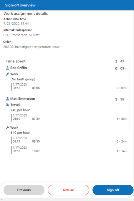 Screen capture of Sign-off overview with option to Refuse