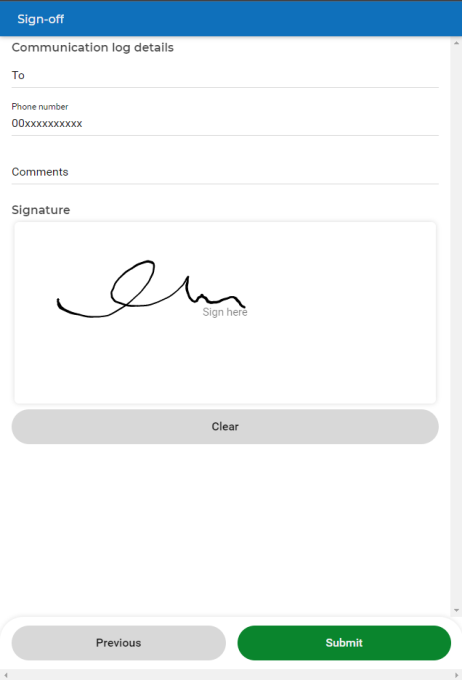 Screen capture of Sign-off page with signature