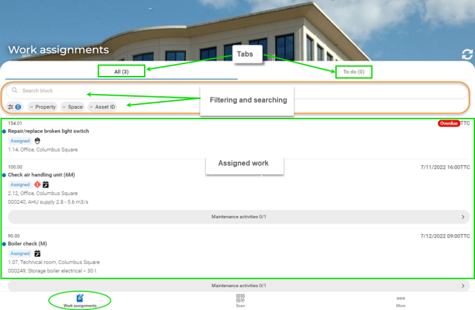 Screen capture of Work assignments overview with options for filtering and searching