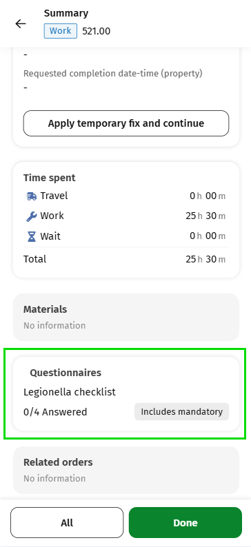 Screen capture of Questionnaire block on Summary page