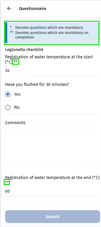 Screen capture of a questionnaire with mandatory questions