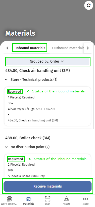 Screen capture of Inbound tab in Materials module PMFS Live app
