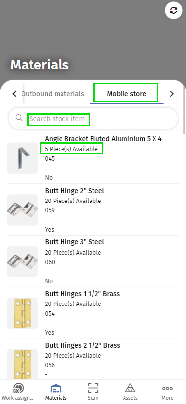 Screen capture of the Mobile stores tab in the Materials module of PMFS Live app