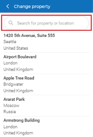 Screen capture of the Change property page in the Planon app with highlighted search field