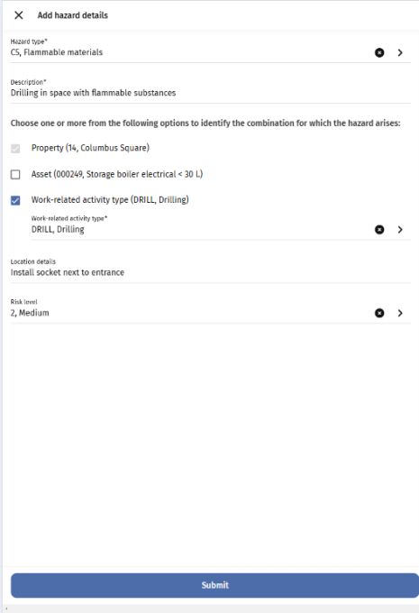 Screen capture of the Add hazard details form