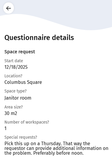 Screen capture of Questionnaire on the Parent order details
