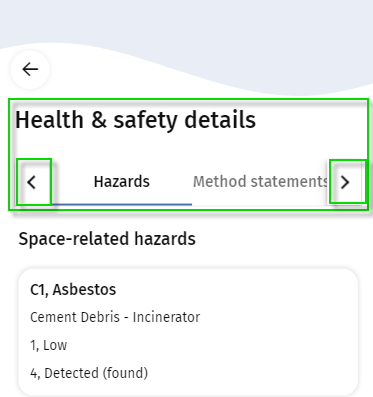 Screen capture of Health and safety details page with various tabs, for example Hazards