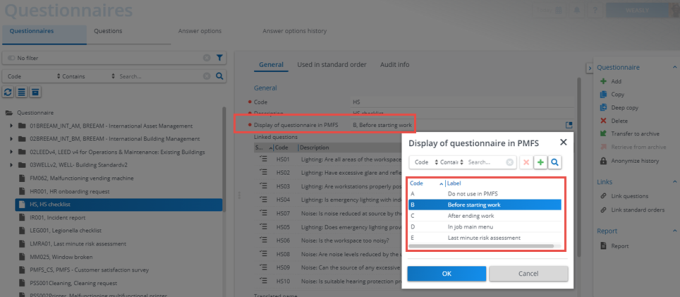 Screen capture of dialog with settings for the display of questionnaires in a PMFS app
