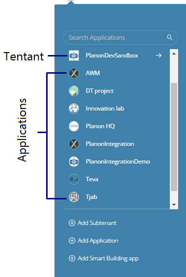 Pane with tenant and application list