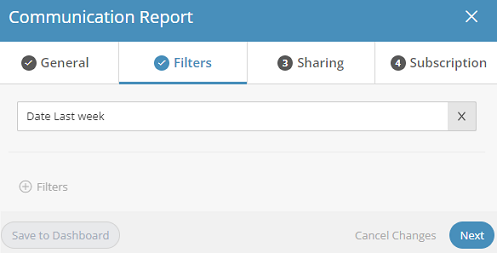 Screen capture of the communication report window along with selected filter tab