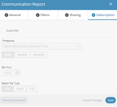 Screen capture displaying subscription tab in the communication report