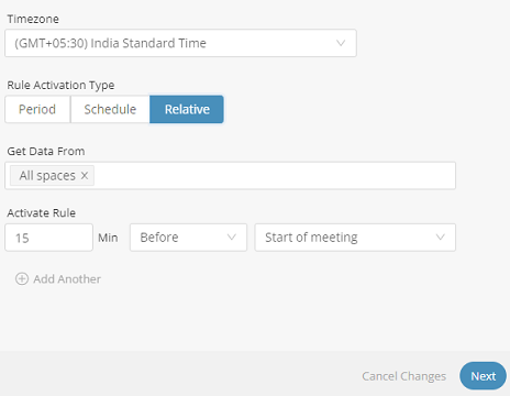 Screen capture displaying Time tab along with Relative option selected in Rule Activation Type