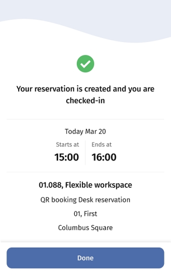 Screen capture displaying the confirmation that the booking was successful and you are automatically checked-in