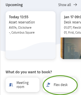 Screen capture of Flex desk button in Workplace app