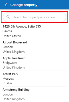 Screen capture of the Change property page in the Planon Live app with highlighted search field