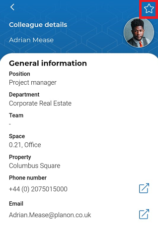 Screen of Weapp displaying Colleague details page with highlighted Favorite icon