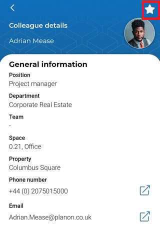 Screen of Weapp displaying colleague details page with highlighted marked favorite icon