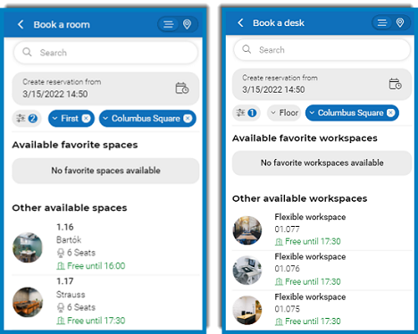 Screen capture displaying available meeting rooms / desks
