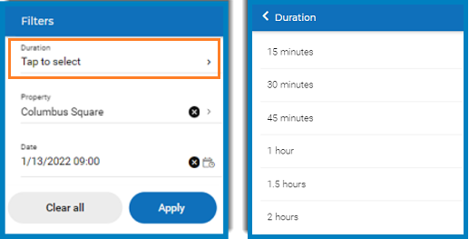 Screen capture of Workplace engagement app displaying the Duration filter field