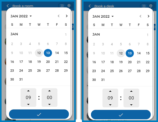 Screen capture of Workplace engagement app displaying the Date-time filter for reservations
