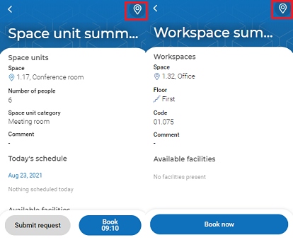 Screen captures of the Location button on two different app pages in the Planon Workplace app