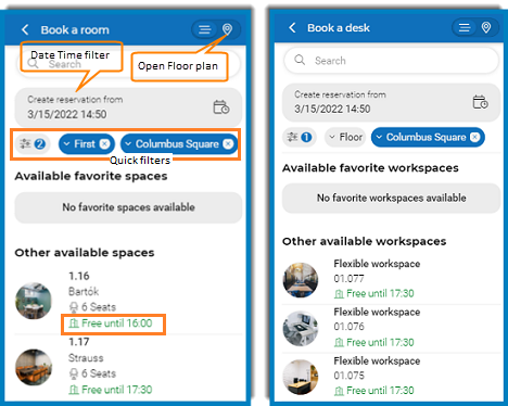 Screen capture of Workplace engagement app with highlighted quick filters, floor plan and list view toggle button