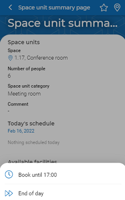 Screen capture displaying the Space unit summary page with available booking options
