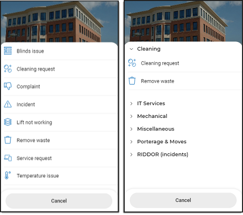 Screen capture of Workplace app displaying request types in a categorized list