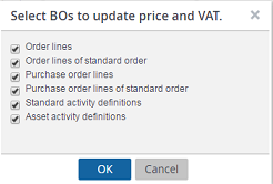 screen capture displaying select BOs to update price and VAT dialog box with all BOs selected