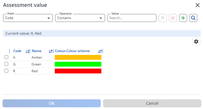 Screen capture of assessment value dialog where you can select the color indicators Screen capture of assessment value dialog where you can select the color indicators